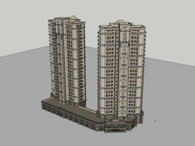 Sketchup住宅模型|高层住宅，裙楼底商，古典风格，27层