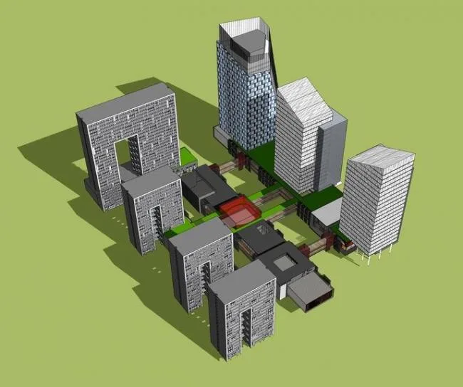 Sketchup综合体模型|多高层混合综合体，商业，高层办公，现代风格