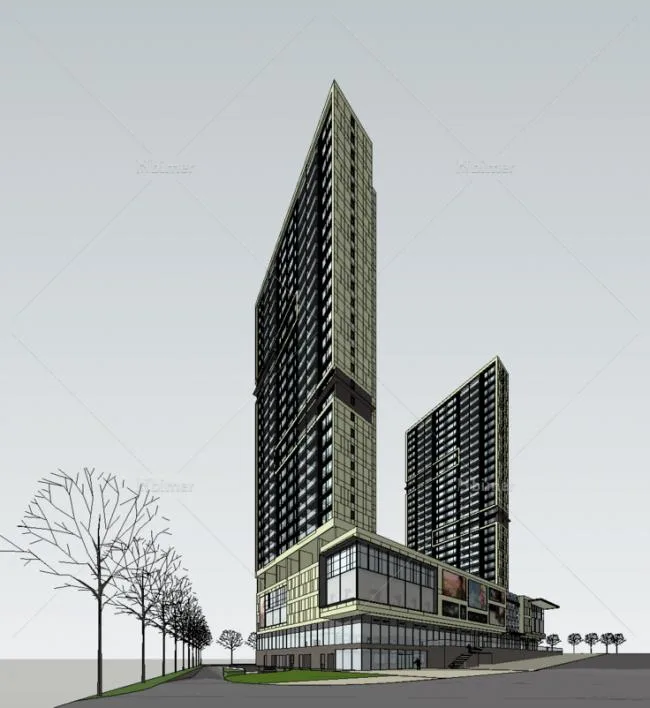 Sketchup综合体模型|多高层混合商业综合体，高层住宅，底层商业，现代风格