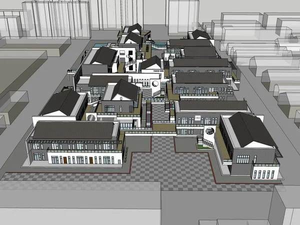 Sketchup商业模型|多层商业街，步行街，中式现代风格