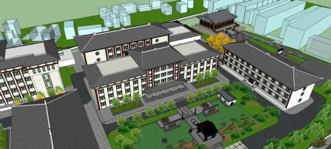 Sketchup学校模型|中医专科学校，多层教学楼，中式风格，教育建筑