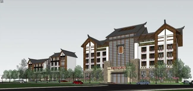 Sketchup医院模型|多层康复中心，医院医疗建筑，中式风格