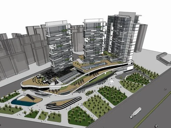Sketchup综合体模型|多高层综合体，上海普陀区海松大厦，办公楼，商业，现代风格